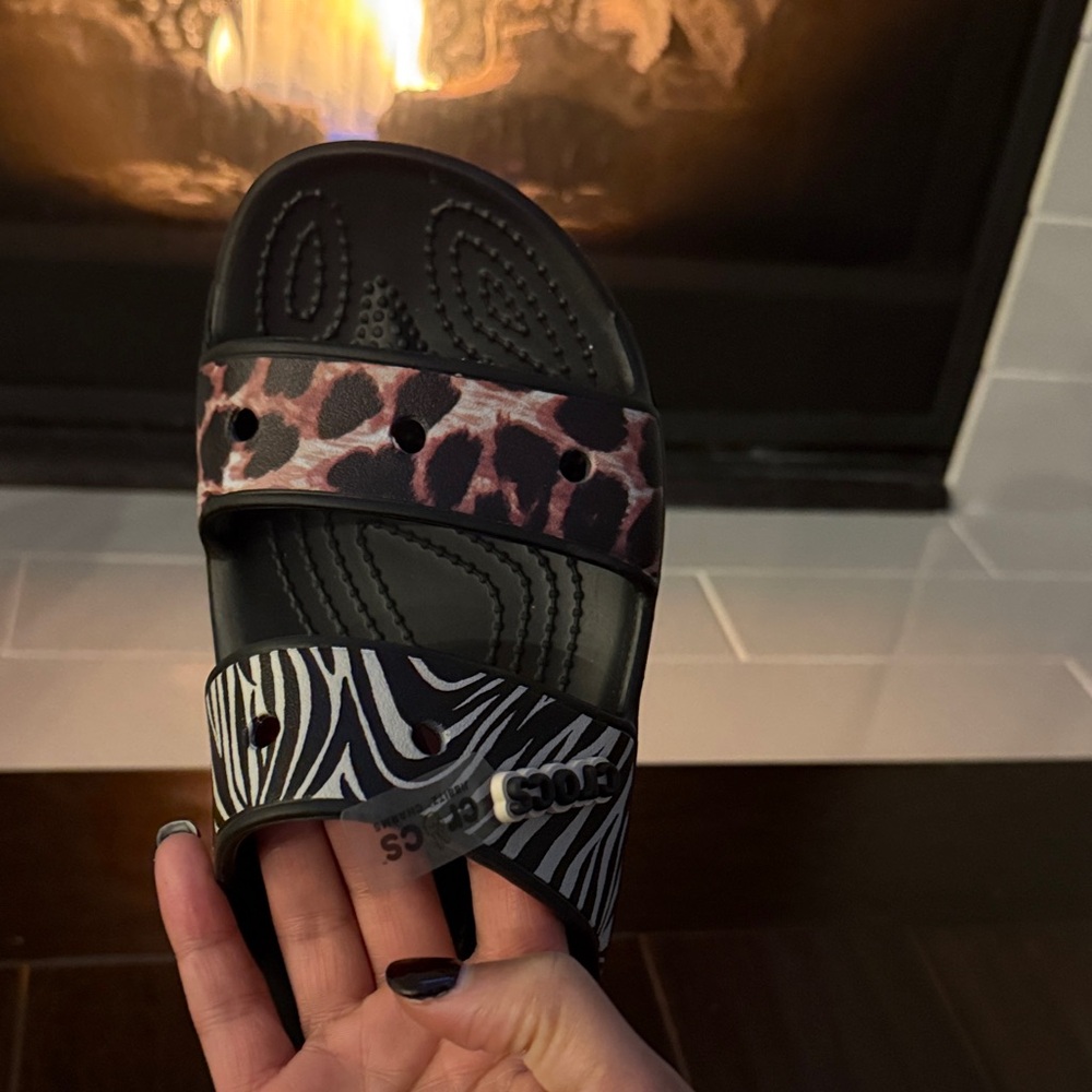 CROCS Black with Animal Print Slides